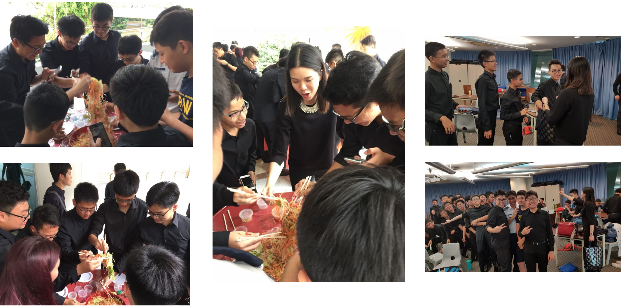Groups of young people in black attire gathered around tables tossing salad with chopsticks and socializing indoors.